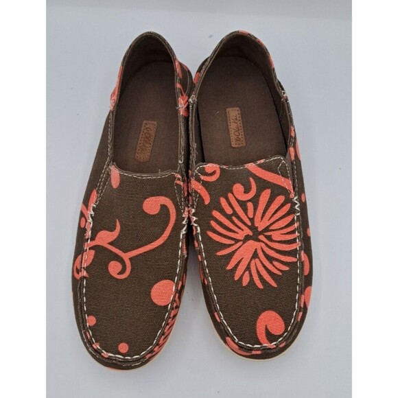 Olukai Nohea Canvas Print Tropical Slip on Loafer Brown Pink Women's Size 7 - Picture 2 of 15